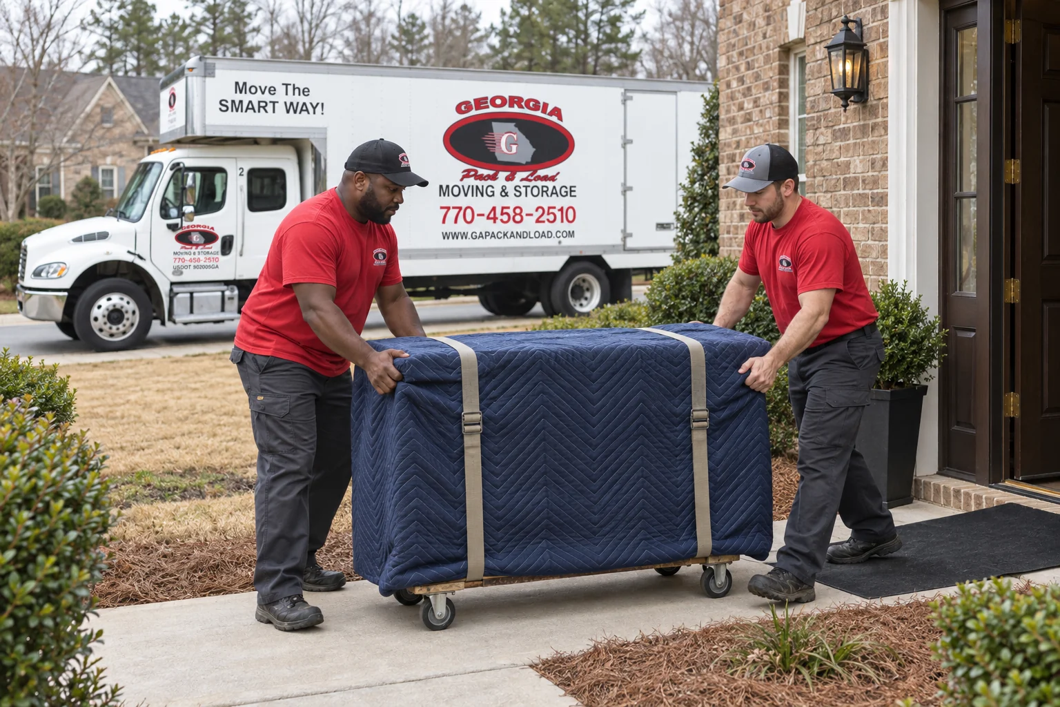 Illustrative moving crew guiding blanket-wrapped furniture on a dolly