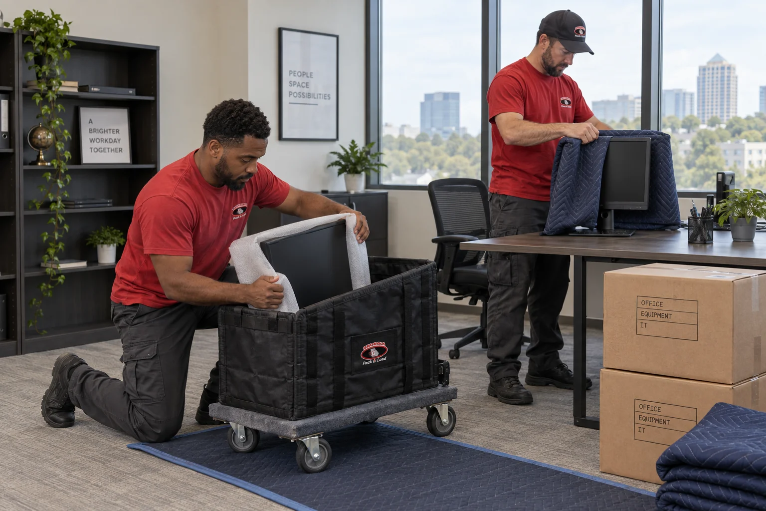 Illustrative office moving team protecting computer equipment