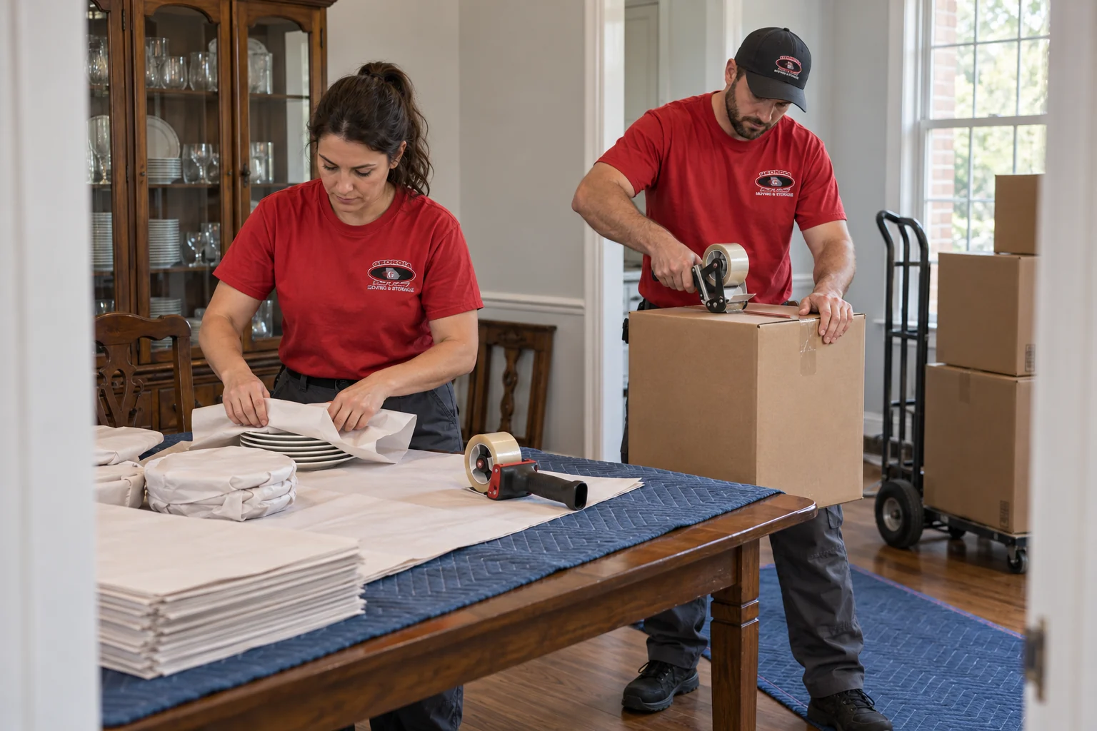 Illustrative packing team wrapping dishes and sealing cartons