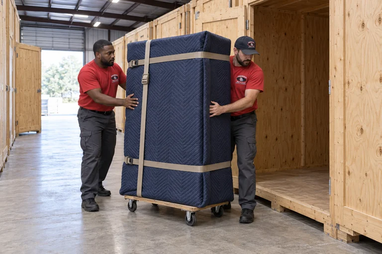 Illustrative storage crew preparing blanket-wrapped furniture for a wooden vault